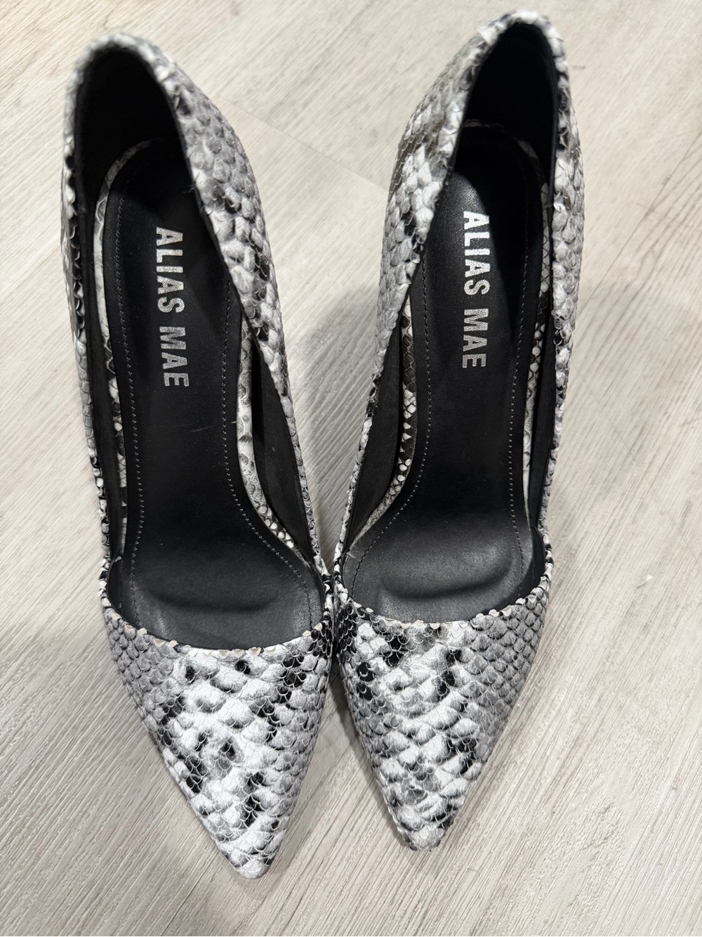 Alias Mae Snake-Print Pointed Toe Pumps in Black and White